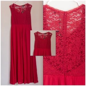 Long Red Bridesmaid Dress with Lace Bodice